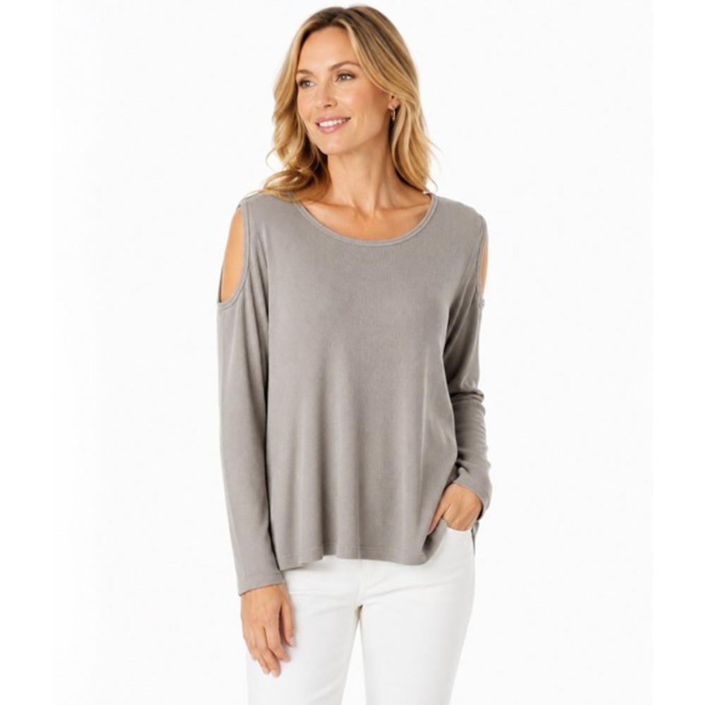JW Style Cold Shoulder Waffle Knit Thermal Top Taupe Brown M Lagenlook Chc 72-33